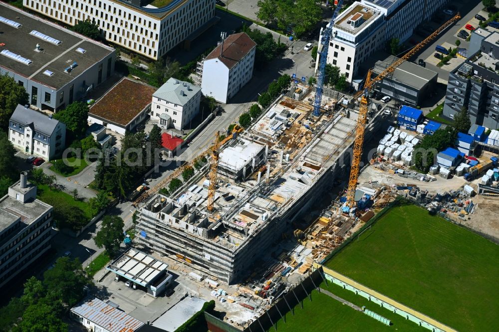 München from above - Construction site for the new residential and commercial building Brennerpark on Distlhofweg corner Bauernbraeuweg in the district Sendling-Westpark in Munich in the state Bavaria, Germany