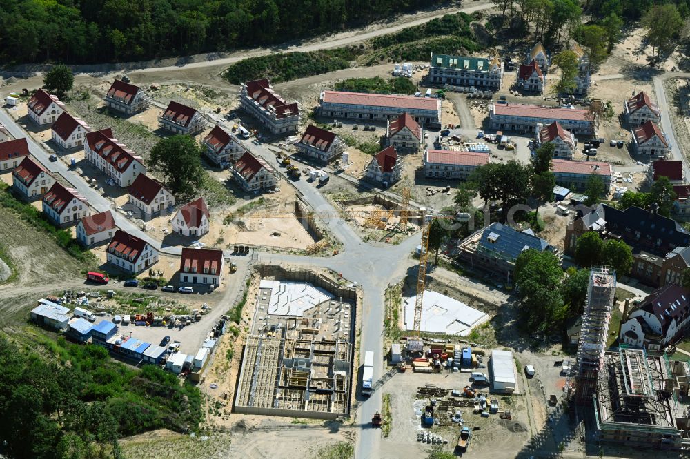 Beelitz from above - Residential area construction site of a mixed development with multi-family houses and single-family houses- New building at the Quartier Beelitz-Heilstaetten in Beelitz in the state Brandenburg, Germany