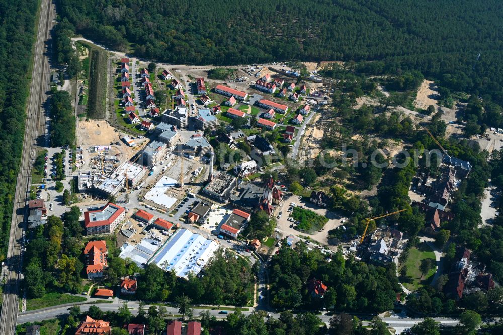 Beelitz from above - Residential area construction site of a mixed development with multi-family houses and single-family houses- New building at the Quartier Beelitz-Heilstaetten in Beelitz in the state Brandenburg, Germany