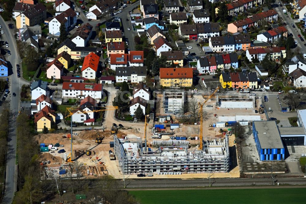 Stadeln from the bird's eye view: Construction site for the multi-family residential building Alfred Nobel 59 on Schuckertstrasse - Alfred-Nobel-Strasse in Stadeln in the state Bavaria, Germany