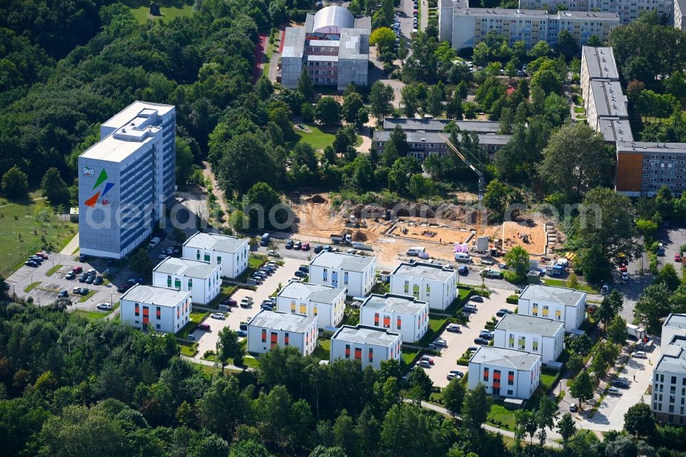 Schwerin from above - Construction site for the multi-family residential building on Anne-Frank-Strasse in Schwerin in the state Mecklenburg - Western Pomerania, Germany