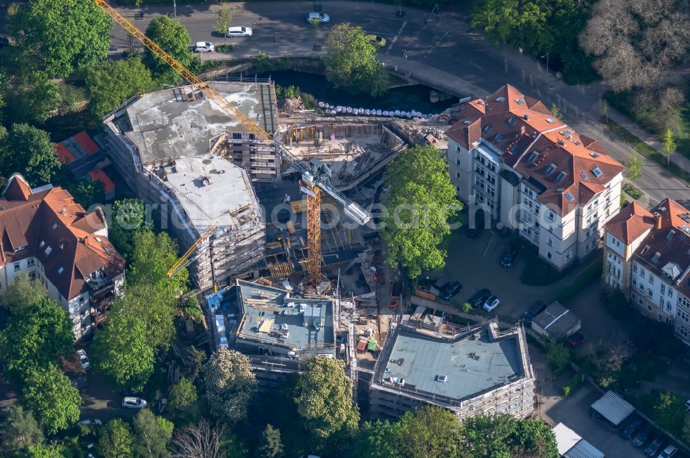 Aerial image Erfurt - Construction site for the multi-family residential building on the premises of the formerly Kartaeuser Muehle on Strasse of Friedens in the district Bruehlervorstadt in Erfurt in the state Thuringia, Germany