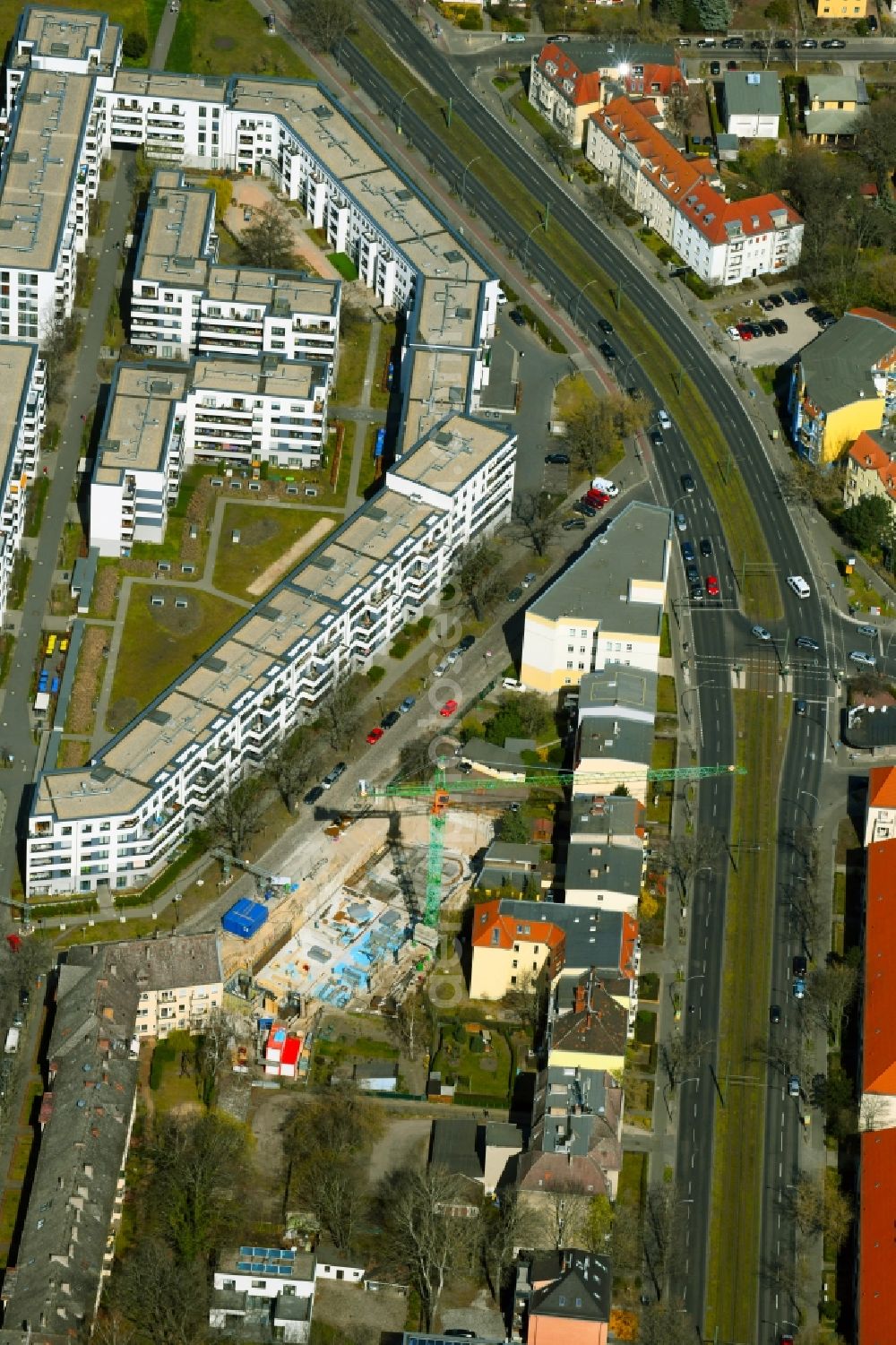 Aerial image Berlin - Construction site for the multi-family residential building of the project KARL IM GLUeCK on Hoenower Strasse in the district Karlshorst in Berlin, Germany