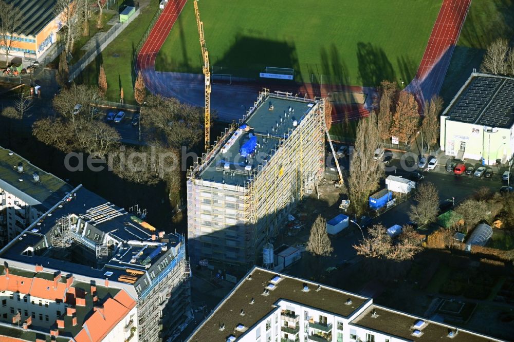 Aerial image Berlin - Construction site for the multi-family residential building of Bauvorhabens Bosse & Spree on Bossestrasse - Persiusstrasse in the district Friedrichshain in Berlin, Germany