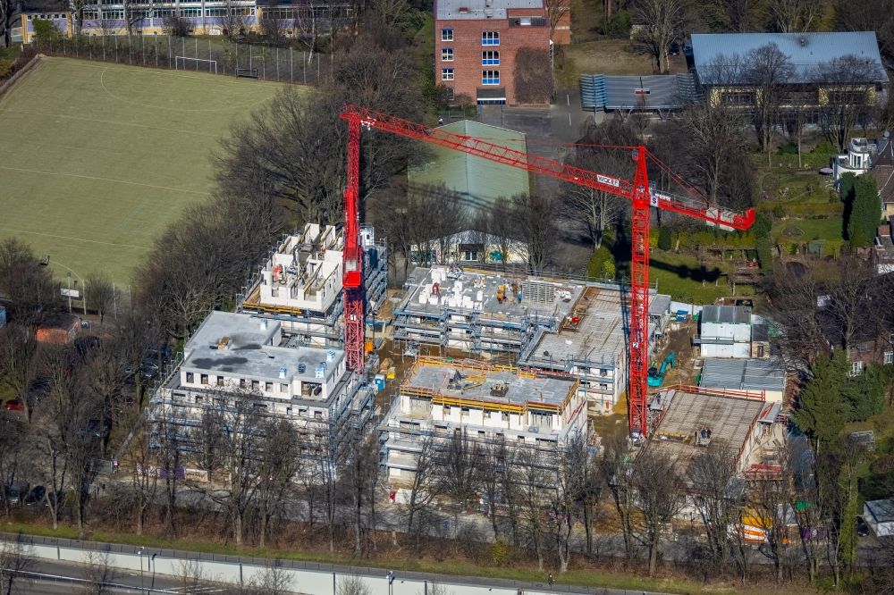Gelsenkirchen from the bird's eye view: Construction site for the multi-family residential building on Breddestrasse in the district Buer in Gelsenkirchen at Ruhrgebiet in the state North Rhine-Westphalia, Germany