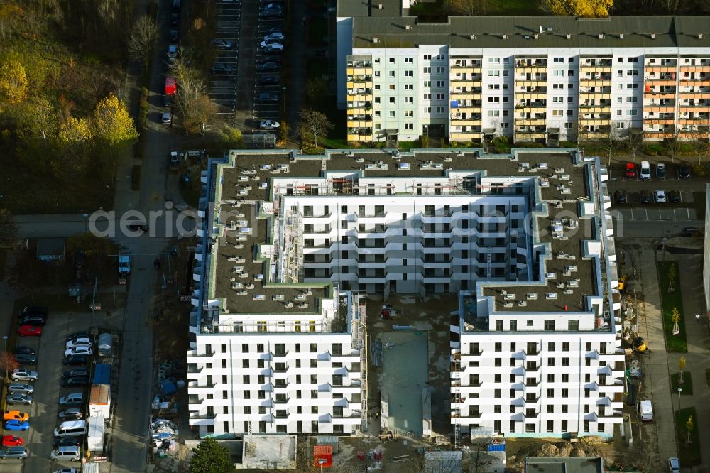 Berlin from above - Construction site for the multi-family residential building V on Rosenbecker Strasse - Eichhorster Strasse in the district Marzahn in Berlin, Germany