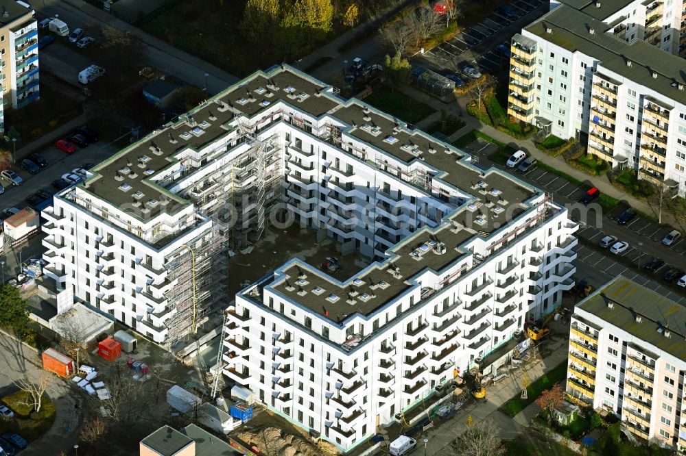 Berlin from above - Construction site for the multi-family residential building V on Rosenbecker Strasse - Eichhorster Strasse in the district Marzahn in Berlin, Germany