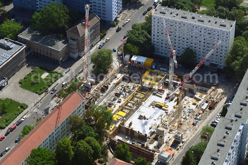 Aerial image Berlin - Construction site for the multi-family residential building The Franz Franz-Mehring-Platz in the district Friedrichshain in Berlin, Germany
