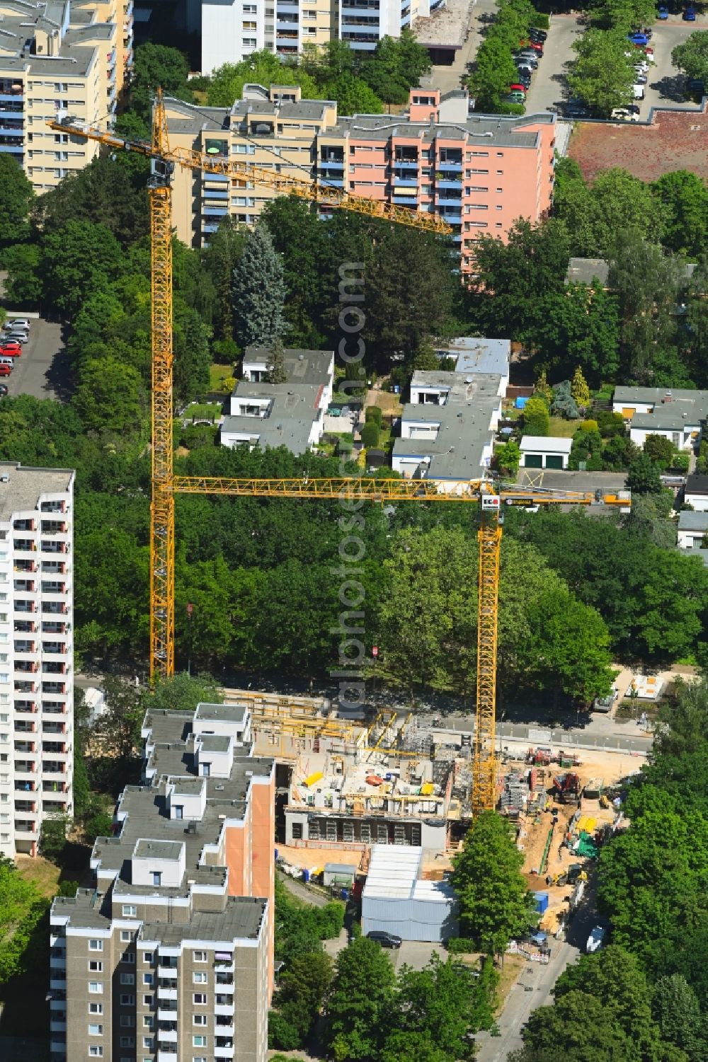 Berlin from above - Construction site for the multi-family residential building on Fritz-Erler-Allee Ecke Agnes-Straub-Weg in the district Buckow in Berlin, Germany