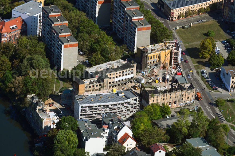 Halle (Saale) from the bird's eye view: Construction site for the multi-family residential building on the former premises of the Freyberg Brauerei also called Glauchaer Brauerei on Weingaerten in Halle (Saale) in the state Saxony-Anhalt, Germany