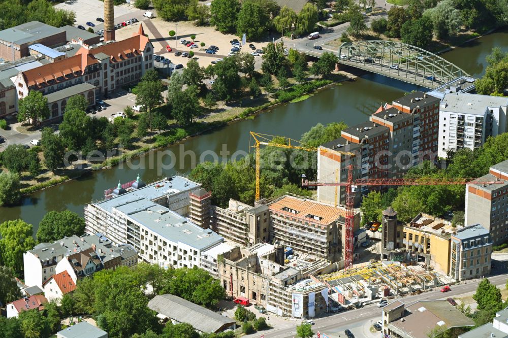 Halle (Saale) from above - Construction site for the renovation and new construction of apartments Freyberg Brewery in Halle (Saale) at the vineyards in Halle (Saale) in the state Saxony-Anhalt, Germany