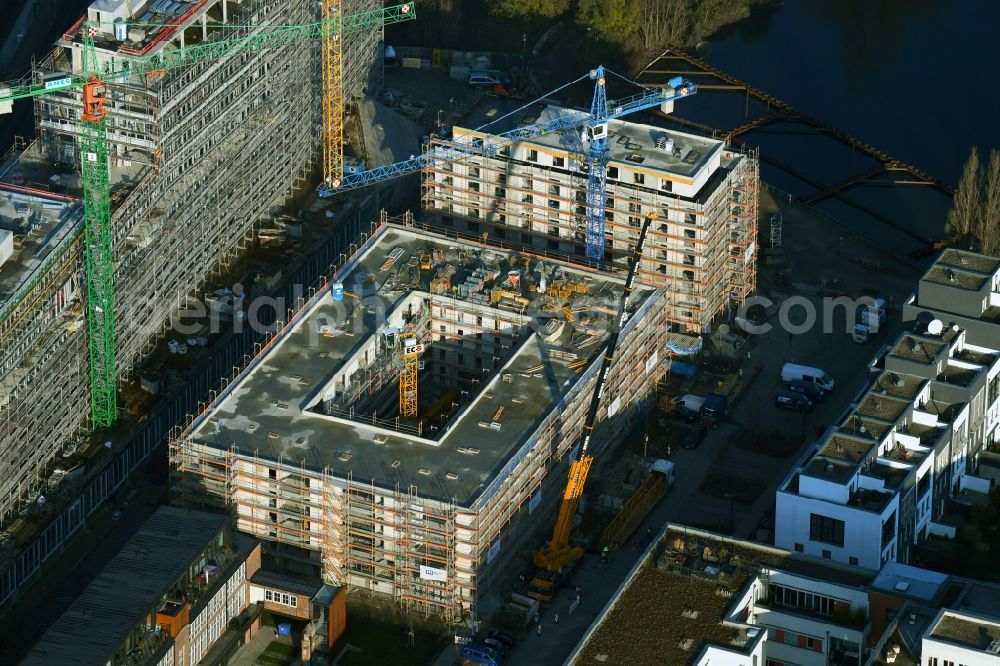 Berlin from above - Construction site for the multi-family residential building on Glasblaeserallee in the district Friedrichshain in Berlin, Germany