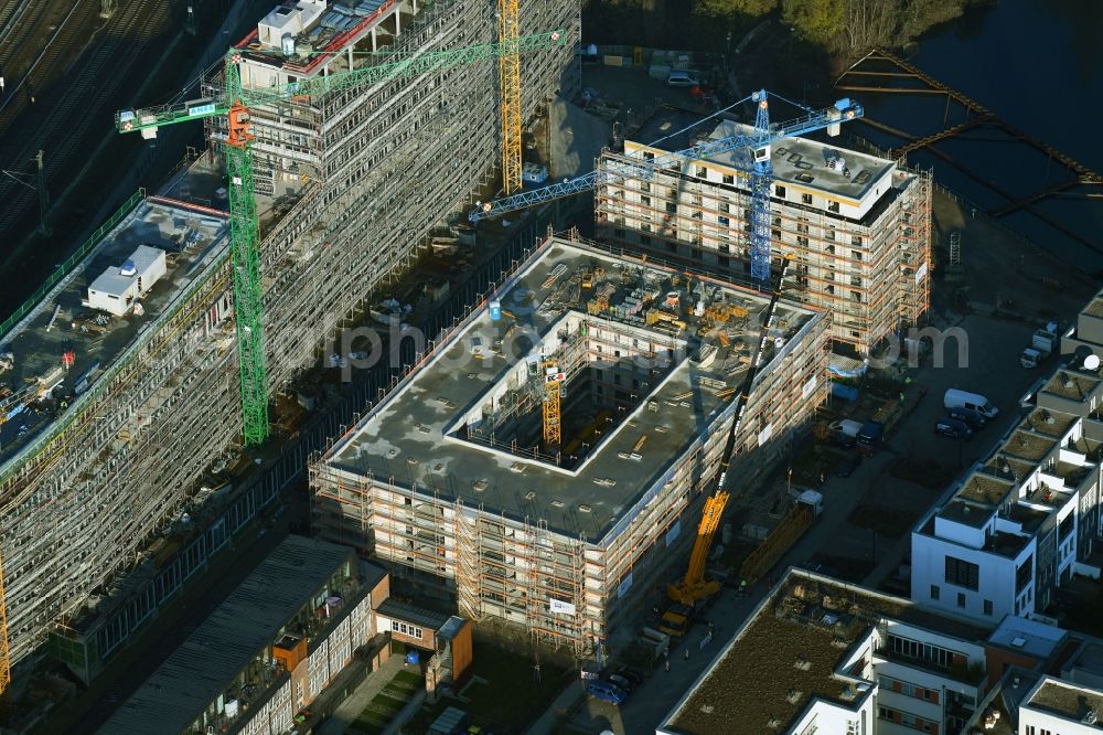 Aerial image Berlin - Construction site for the multi-family residential building on Glasblaeserallee in the district Friedrichshain in Berlin, Germany