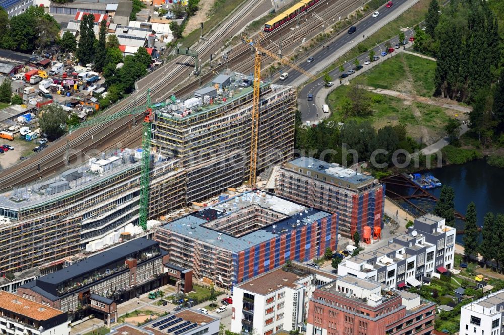 Berlin from above - Construction site for the multi-family residential building on Glasblaeserallee in the district Friedrichshain in Berlin, Germany