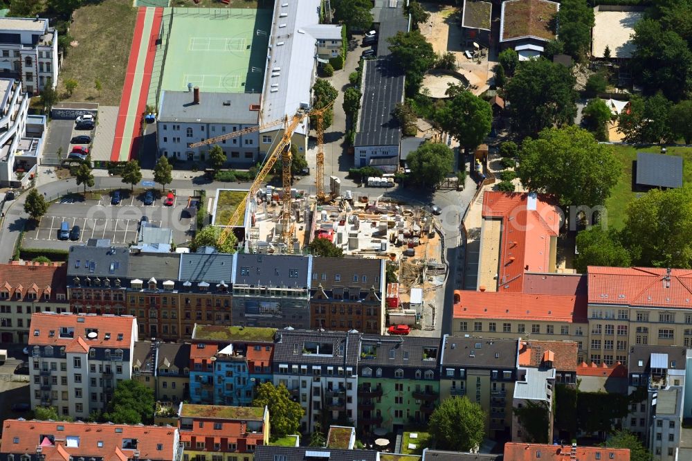 Dresden from the bird's eye view: Construction site for the multi-family residential building on Goerlitzer Strasse in the district Aeussere Neustadt in Dresden in the state Saxony, Germany