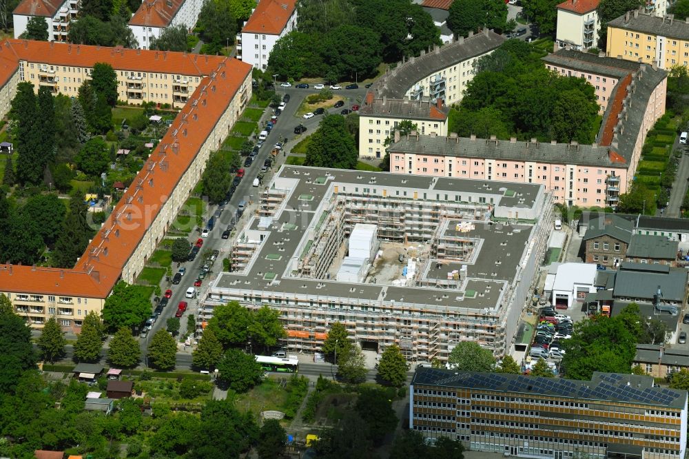Berlin from above - Construction site for the multi-family residential building Gustav-Adolf-Strasse - Schmohlstrasse - Gaeblerstrasse in the district Weissensee in Berlin, Germany