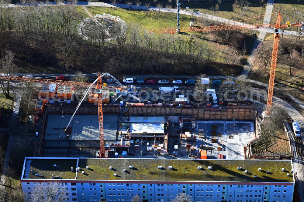 Aerial image München - Construction site for the multi-family residential building in wood hybrid construction on street Kunreuthstrasse in the district Aubing in Munich in the state Bavaria, Germany