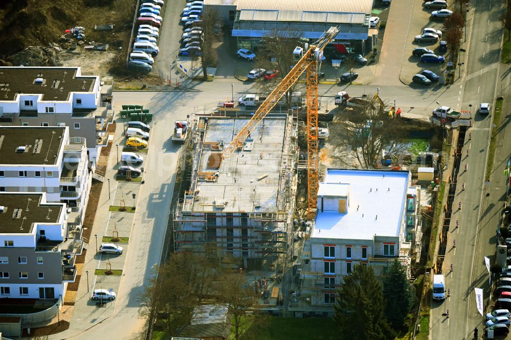 Aerial photograph Jena - Construction site for the multi-family residential building on street Brueckenstrasse in the district Zwaetzen in Jena in the state Thuringia, Germany