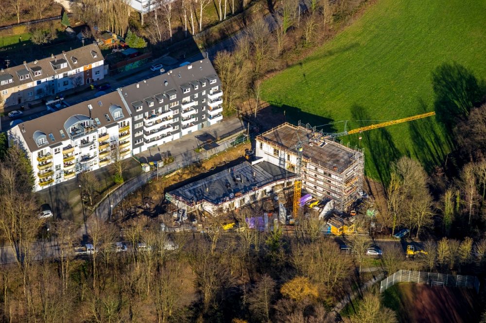 Heiligenhaus from above - Construction site for the multi-family residential building on Kurt-Schumacher-Strasse in Heiligenhaus in the state North Rhine-Westphalia, Germany
