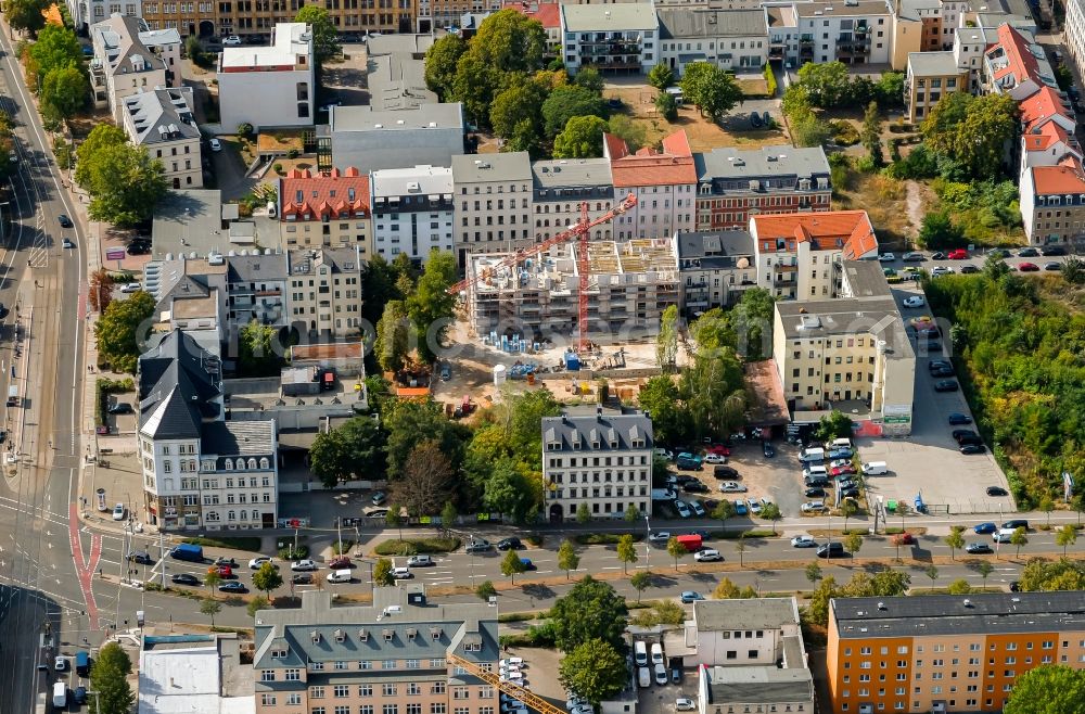 Leipzig from above - Construction site for the multi-family residential building on Lange Strasse in the district Zentrum-Ost in Leipzig in the state Saxony, Germany