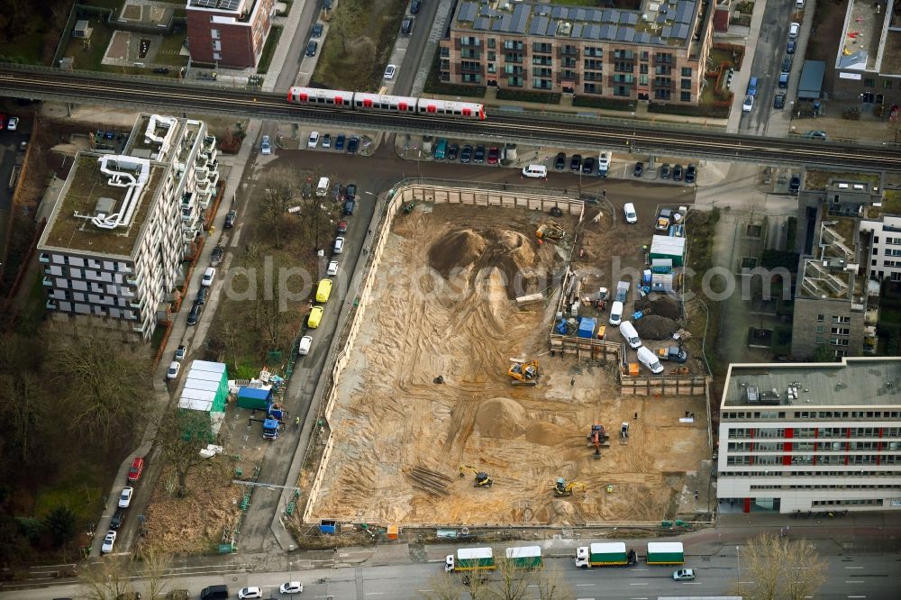Aerial photograph Hamburg - Construction site for the multi-family residential building Leo-Leistikow-Quartier on Leo-Leistikow-Allee corner Oberaltenallee in the district Barmbek-Sued in Hamburg, Germany