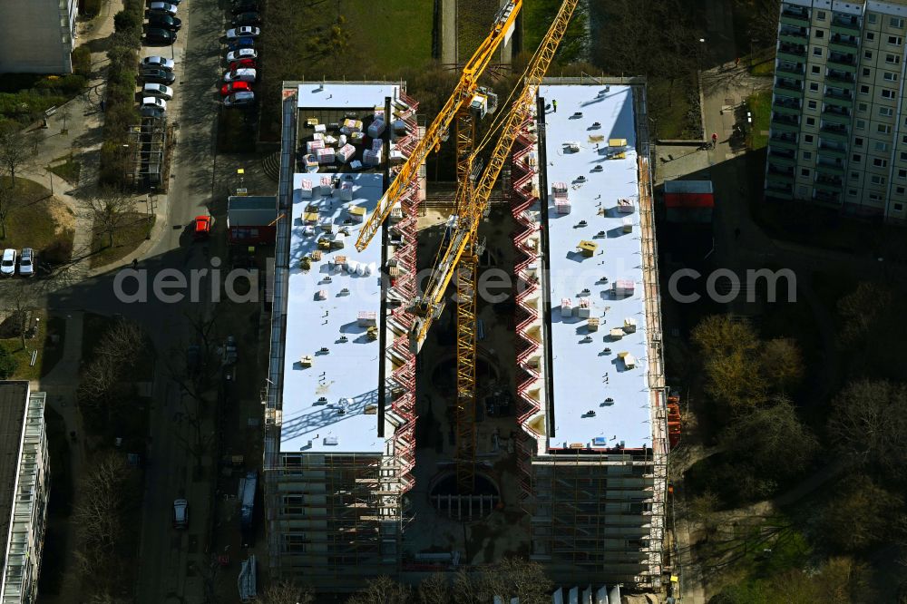 Aerial image Berlin - Construction site for the multi-family residential building Lion-Feuchtwanger-Strasse in the district Hellersdorf in Berlin, Germany