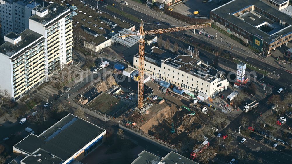 Aerial image Berlin - Construction site for the multi-family residential building on Ludwigsluster Strasse on street Teterower Ring in the district Kaulsdorf in Berlin, Germany