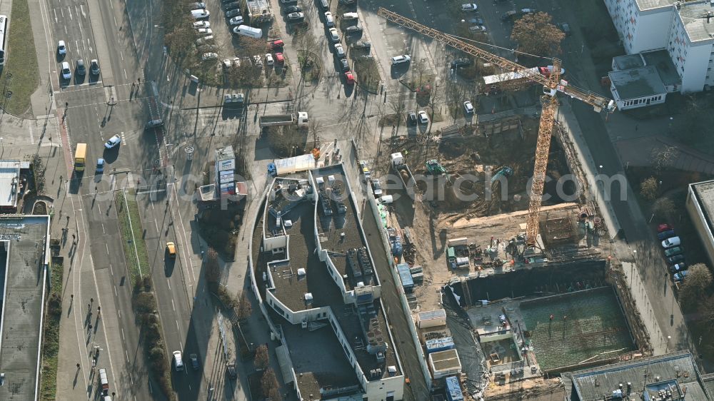 Aerial photograph Berlin - Construction site for the multi-family residential building on Ludwigsluster Strasse on street Teterower Ring in the district Kaulsdorf in Berlin, Germany