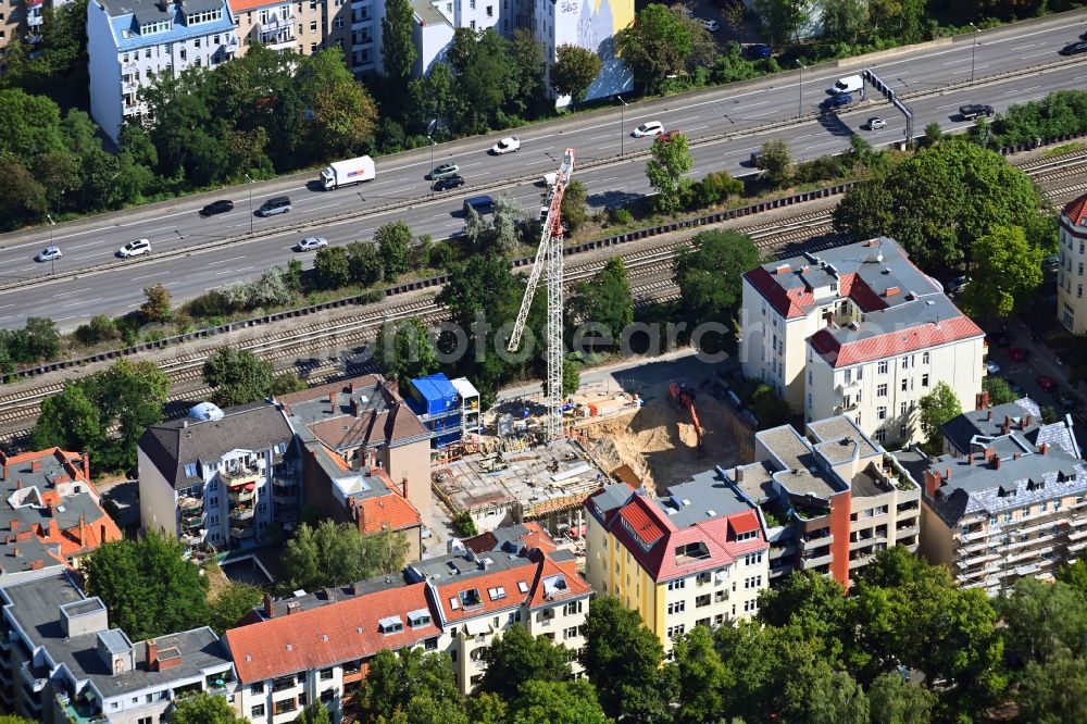 Berlin from above - Construction site for the multi-family residential building Maison VIKTORIA on Varziner Strasse - Stubenrauchstrasse in the district Friedenau in Berlin, Germany