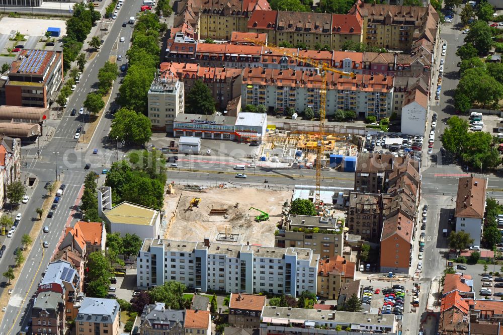 Nürnberg from above - Construction site for the multi-family residential building on Maximilianstrasse in the district Baerenschanze in Nuremberg in the state Bavaria, Germany