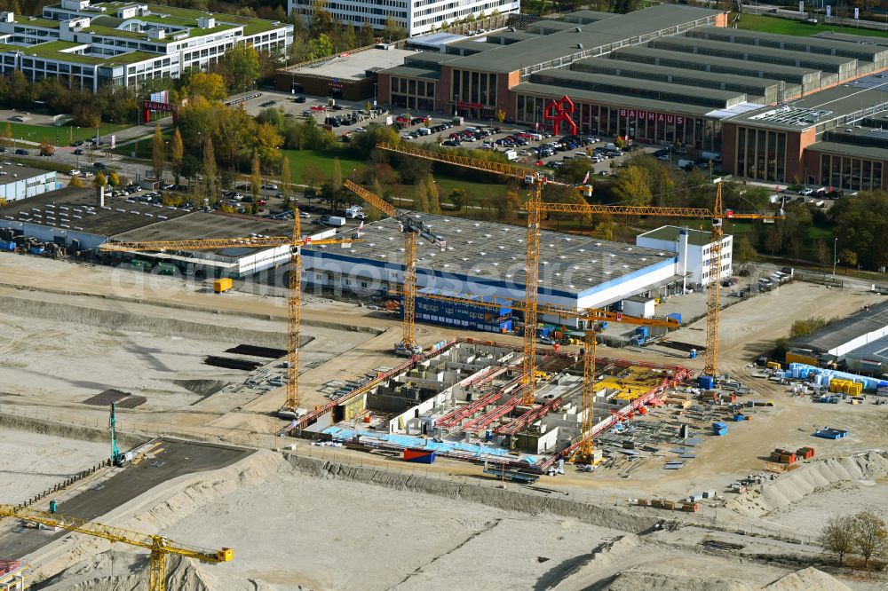 München from above - Construction site for the multi-family residential building on street Heidemannstrasse in the district Freimann in Munich in the state Bavaria, Germany