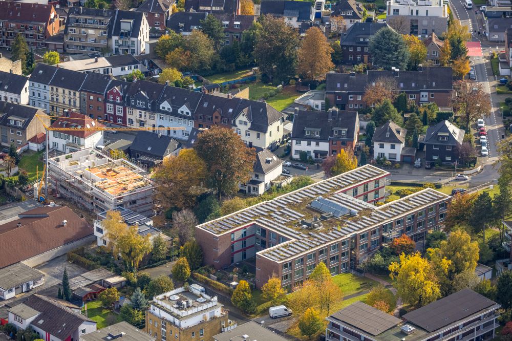 Bottrop from above - Construction site for the multi-family residential building next to the Seniorenzentrum Kaethe Braus on Neustrasse in the district Stadtmitte in Bottrop at Ruhrgebiet in the state North Rhine-Westphalia, Germany