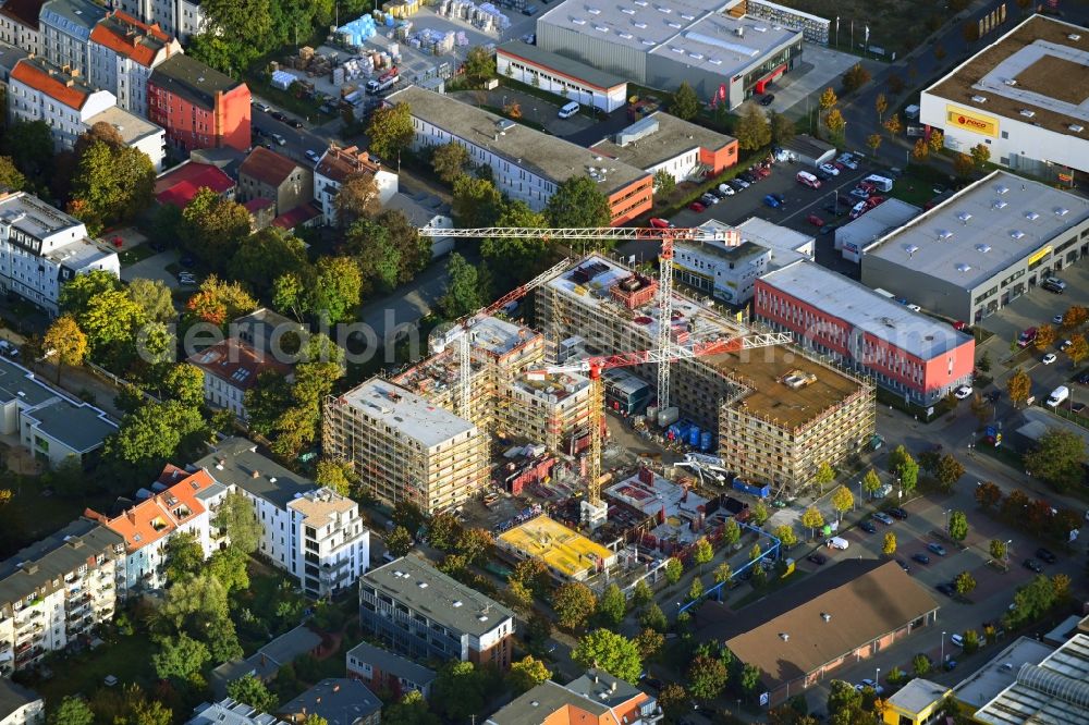 Berlin from above - Construction site for the multi-family residential building on Areal Otto-Fronke-Strasse - Buechnerweg - Moissistrasse - Anna-Seghers-Strasse in the district Adlershof in Berlin, Germany