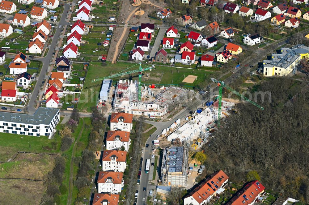 Aerial photograph Potsdam - Construction site for the multi-family residential building on street In der Feldmark - Grasmueckenring - Taubenbogen in the district Golm in Potsdam in the state Brandenburg, Germany