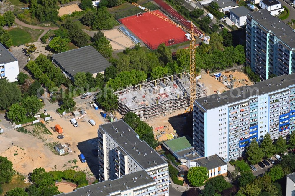 Berlin from above - Construction site for the multi-family residential building in the Mittenwalder Strasse in the district Hellersdorf in Berlin, Germany