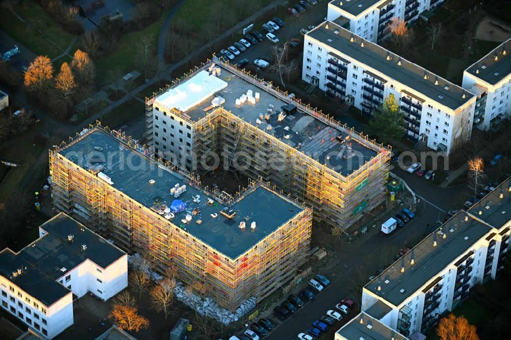 Berlin from above - Construction site for the multi-family residential building on Senftenberger Strasse in the district Hellersdorf in Berlin, Germany