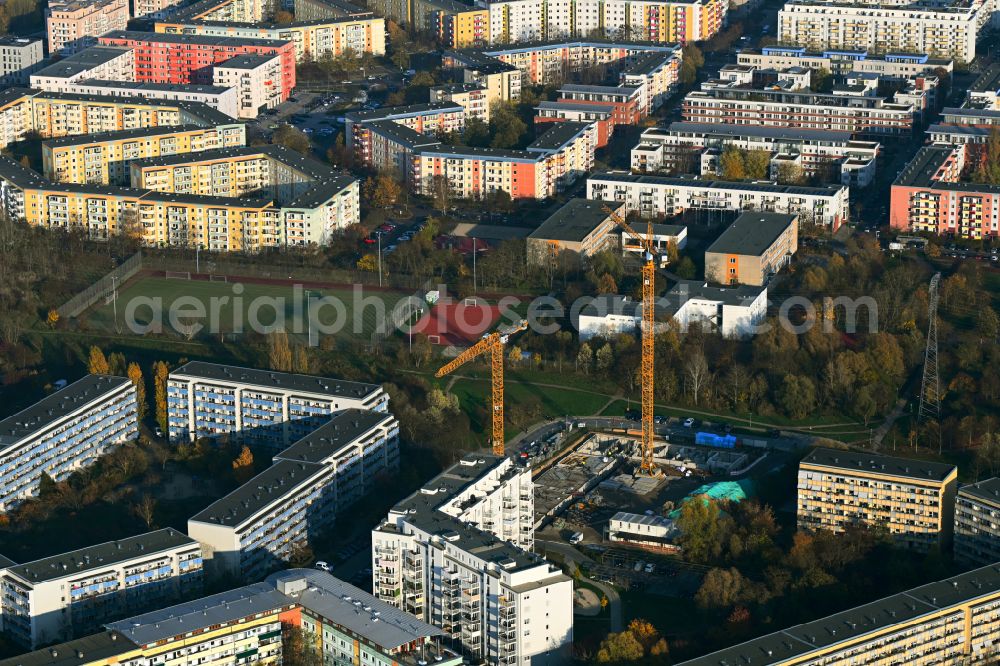Berlin from the bird's eye view: Construction site for the new construction of an apartment building on Martin-Riesenburger-Strasse in the district of Hellersdorf in Berlin, Germany