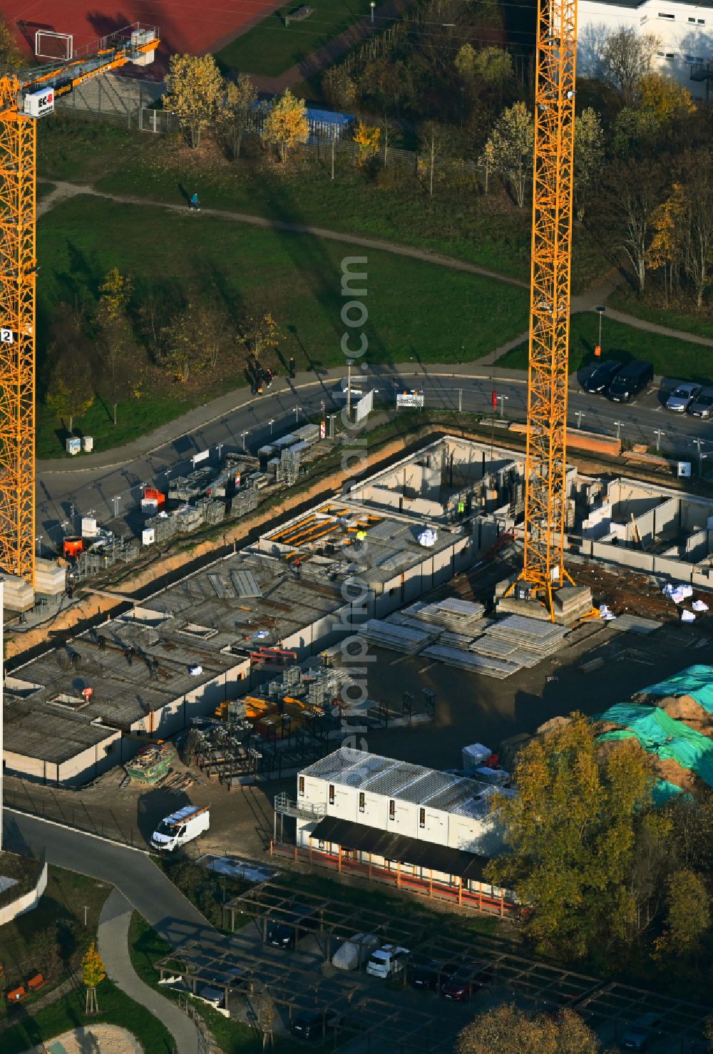 Aerial image Berlin - Construction site for the new construction of an apartment building on Martin-Riesenburger-Strasse in the district of Hellersdorf in Berlin, Germany