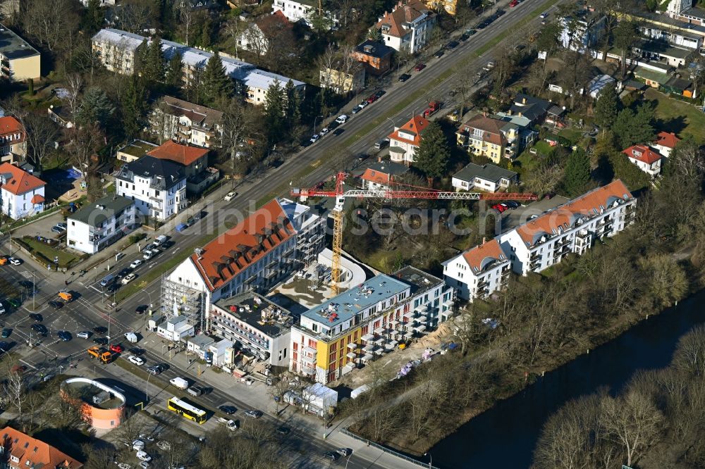 Berlin from the bird's eye view: Construction site for the multi-family residential building on Hindenburgdamm corner Koenigsberger Strasse in the district Lichterfelde in Berlin, Germany