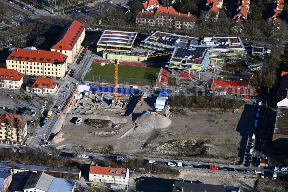 Aerial image München - Construction site for the multi-family residential building on street Hessstrasse - Frei-Otto-Strasse in the district Neuhausen-Nymphenburg in Munich in the state Bavaria, Germany