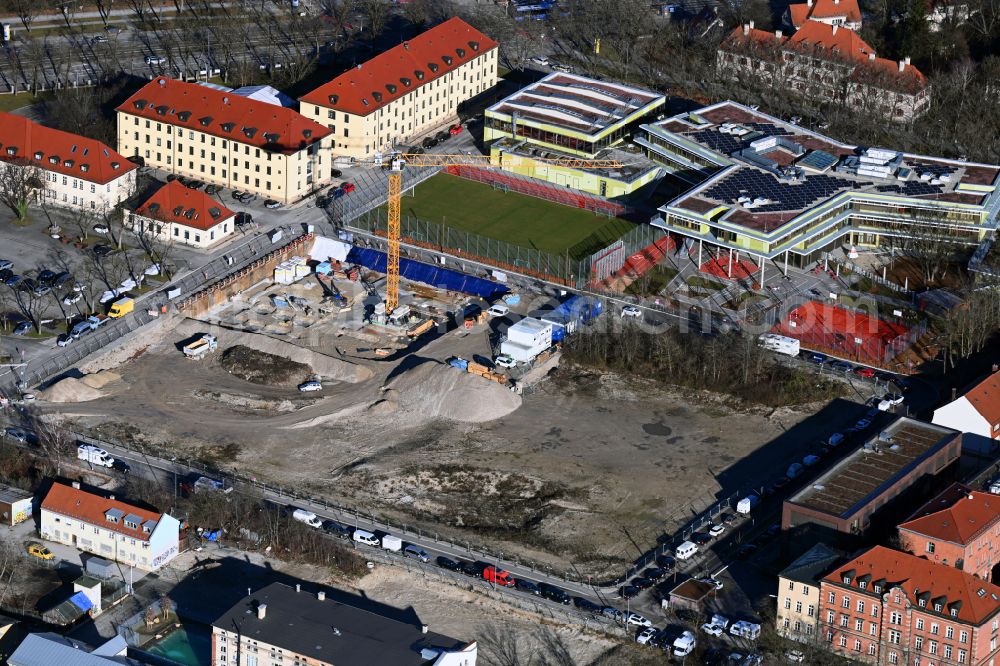 Aerial photograph München - Construction site for the multi-family residential building on street Hessstrasse - Frei-Otto-Strasse in the district Neuhausen-Nymphenburg in Munich in the state Bavaria, Germany