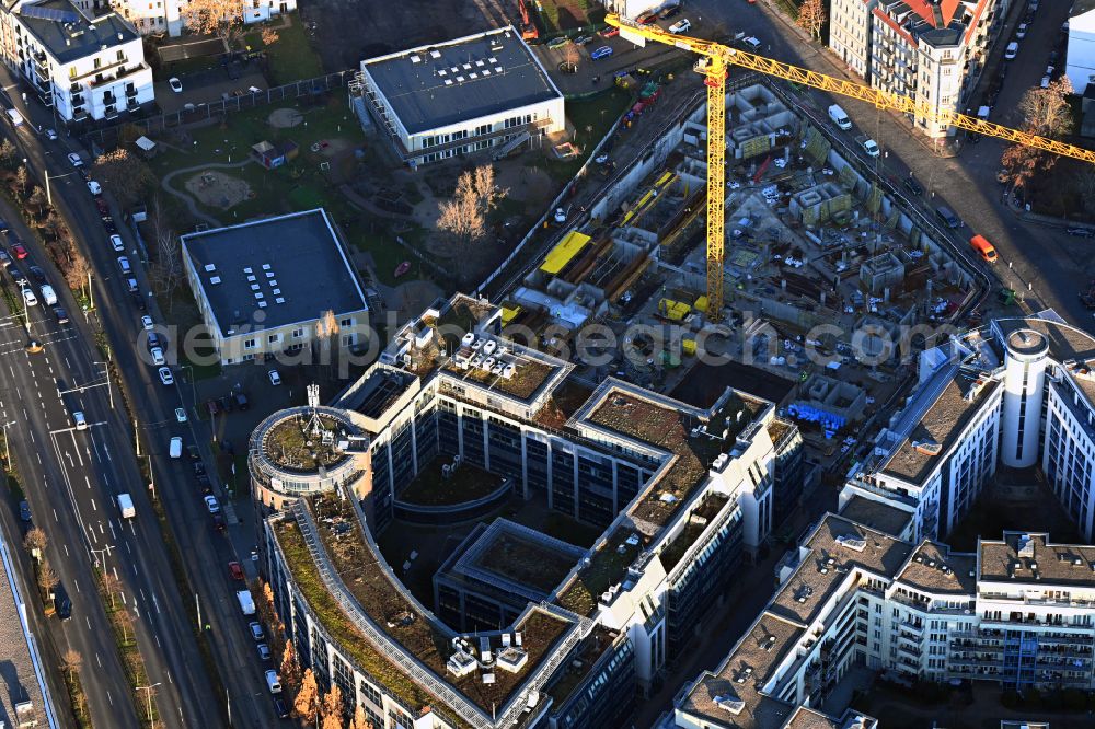 Aerial photograph Leipzig - Construction site for the multi-family residential building on street Johann-Eck-Strasse - Lutherstrasse in the district Neustadt-Neuschoenefeld in Leipzig in the state Saxony, Germany