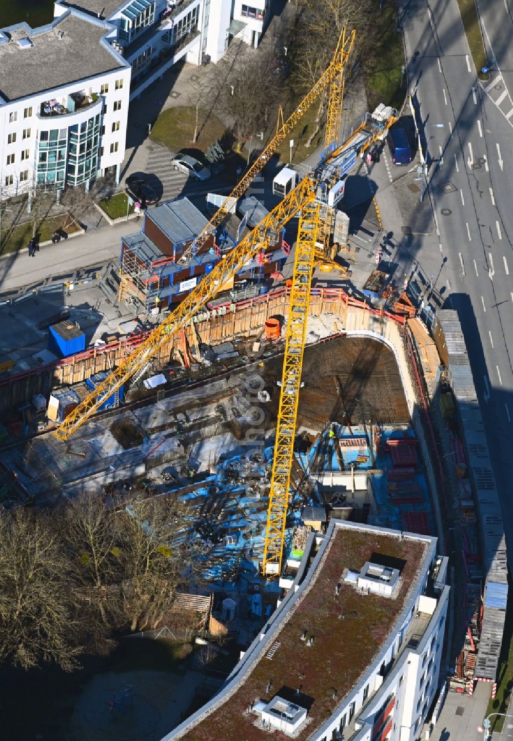 München from above - Construction site for the multi-family residential building Scapinellistrasse corner Lortinger Strasse in the district Pasing-Obermenzing in Munich in the state Bavaria, Germany