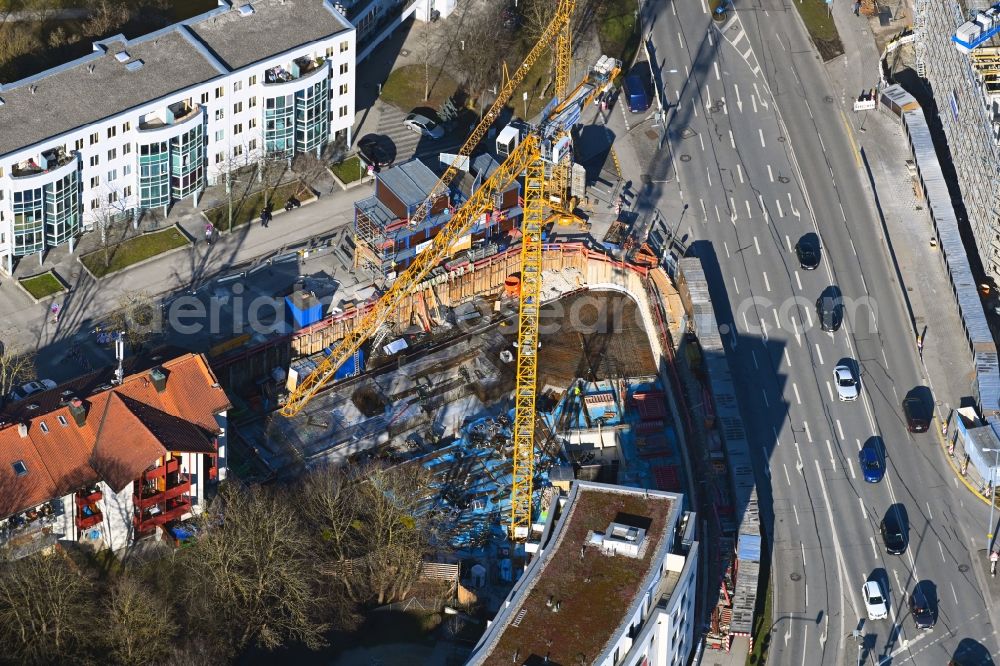 München from the bird's eye view: Construction site for the multi-family residential building Scapinellistrasse corner Lortinger Strasse in the district Pasing-Obermenzing in Munich in the state Bavaria, Germany