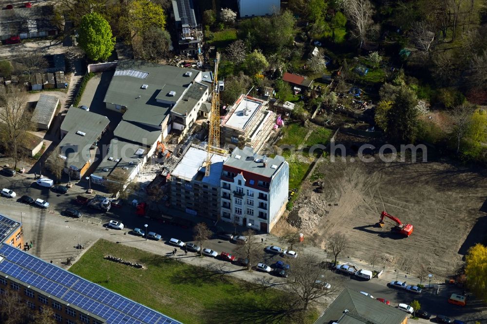 Berlin from above - Construction site for the multi-family residential building on Fischerstrasse in the district Rummelsburg in Berlin, Germany