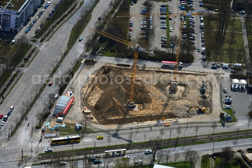 Berlin from above - Construction site for the multi-family residential building Poehlbergstrasse - Blumberger Damm - Landsberger Allee in the district Marzahn in Berlin, Germany