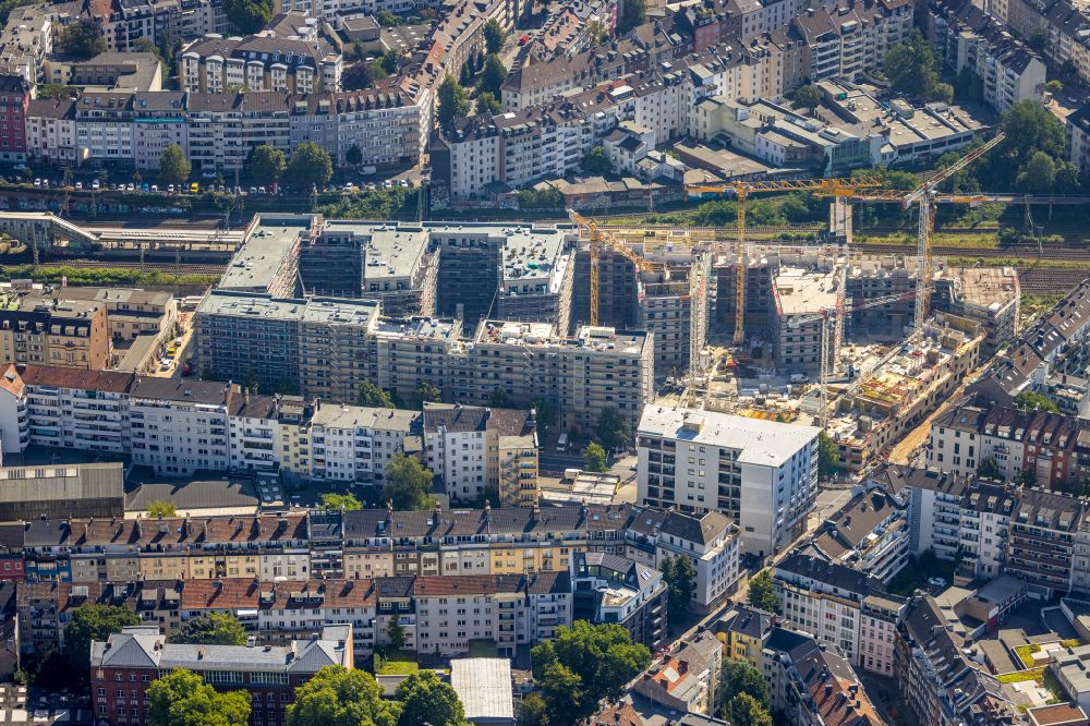 Düsseldorf from the bird's eye view: Construction site for the multi-family residential building Le Quartier Central on street Worringer Strasse - Gerresheimer Strasse in Duesseldorf at Ruhrgebiet in the state North Rhine-Westphalia, Germany