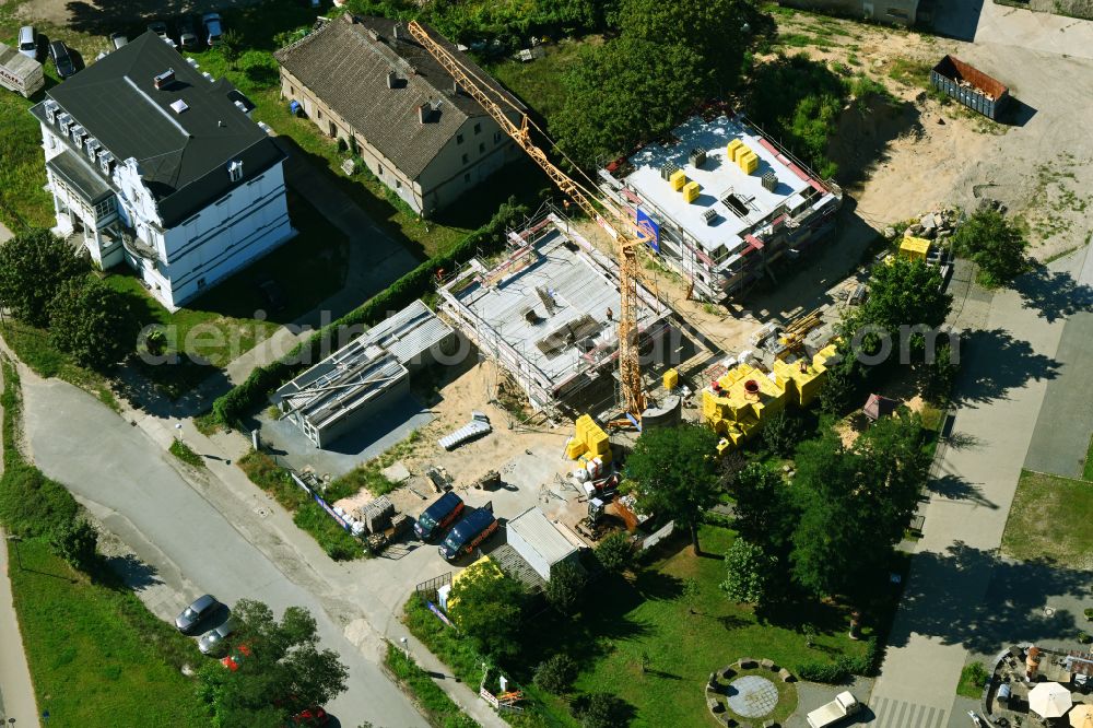 Aerial image Hoppegarten - Construction site for the multi-family residential building on Rennbahnallee in the district Dahlwitz in Hoppegarten in the state Brandenburg, Germany