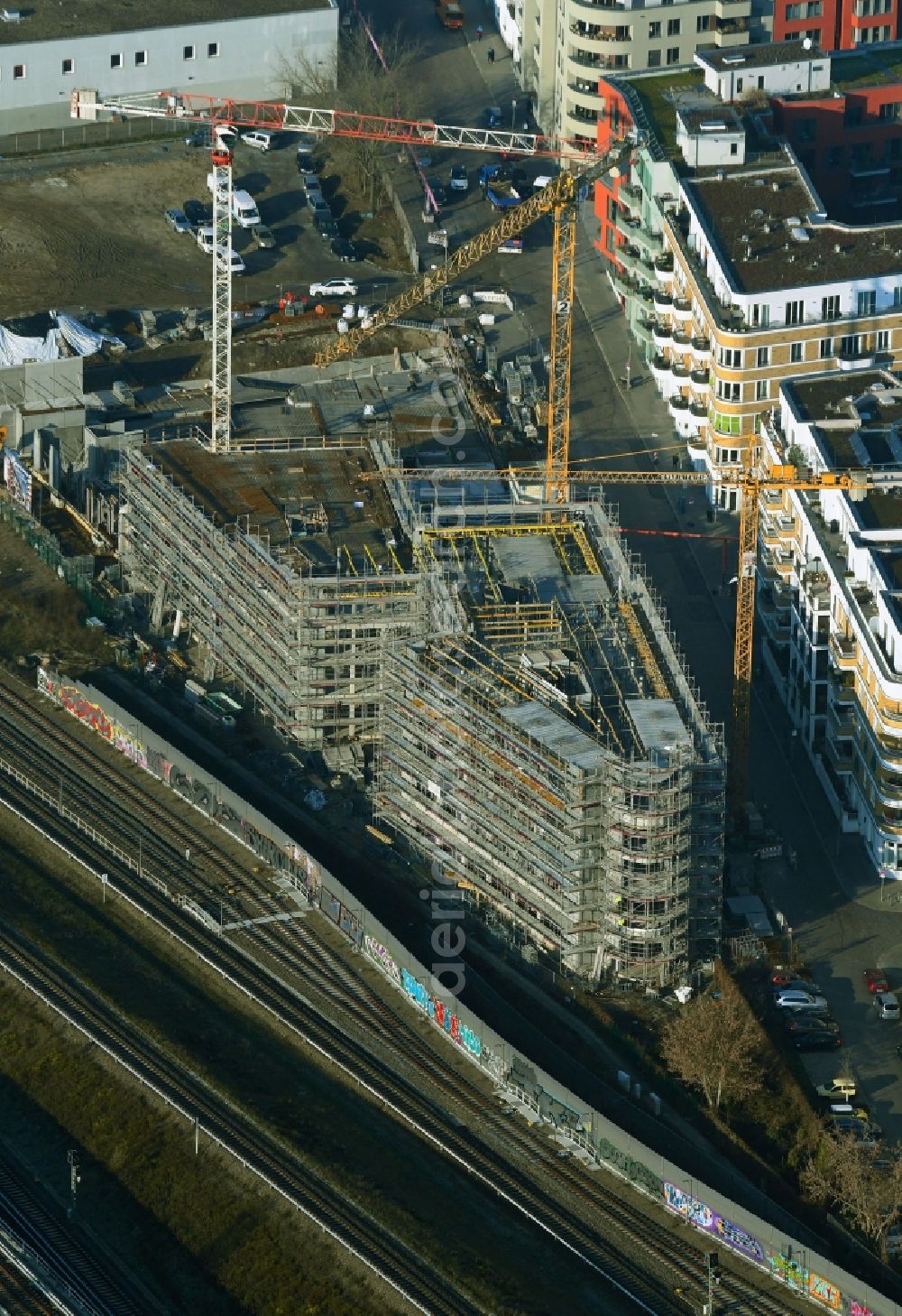 Berlin from above - Construction site for the multi-family residential building Revaler Spitze on Revaler Strasse in the district Friedrichshain in Berlin, Germany