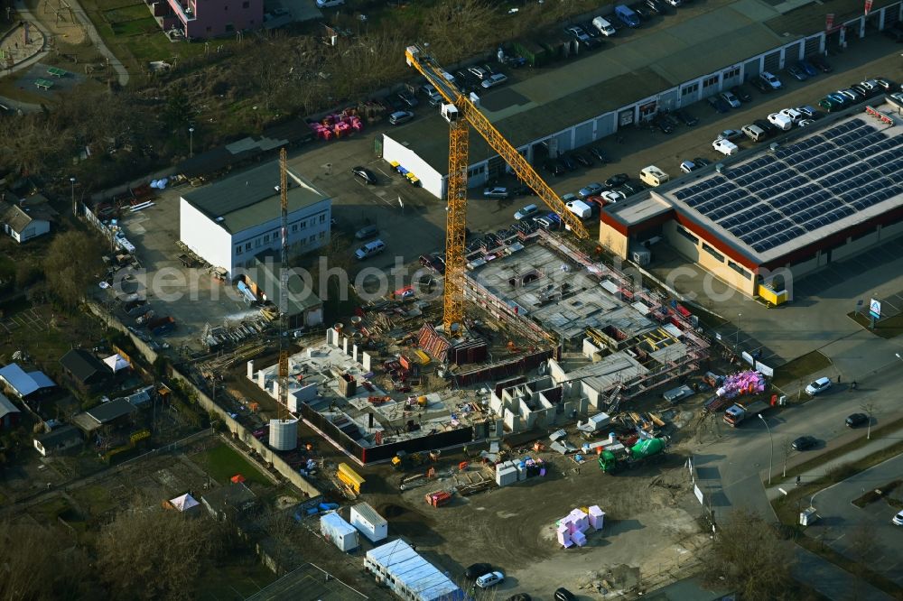 Berlin from the bird's eye view: Construction site for the multi-family residential building on Rummelsburger Strasse in the district Rummelsburg in Berlin, Germany